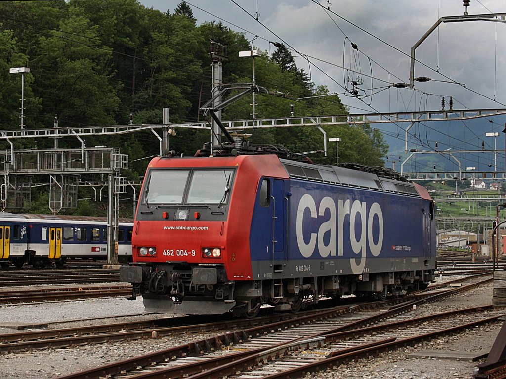 Die Re 482 004 am 27.06.2009 bei einer Rangierfahrt in Arth-Goldau. 