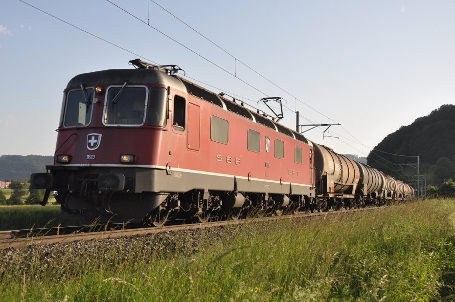 Die Re 6/6 11623  Rupperswil  verlsst Wrenlos am 10. Juni 2010 mit dem lzug 71631 St-Triphon - Niederglatt.