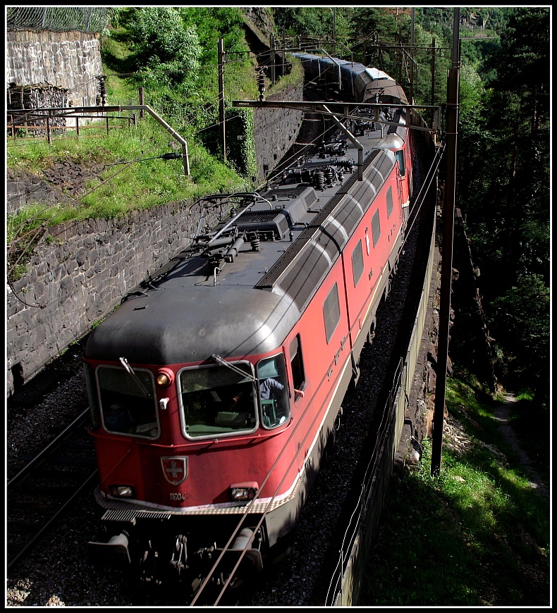 Die Re10/10 hat so eben die Kerstelenbachbrcke (im Hintergrund rechts oben) hinter sich gelassen. Nun gehts hinab nach Erstfeld.
August 2008