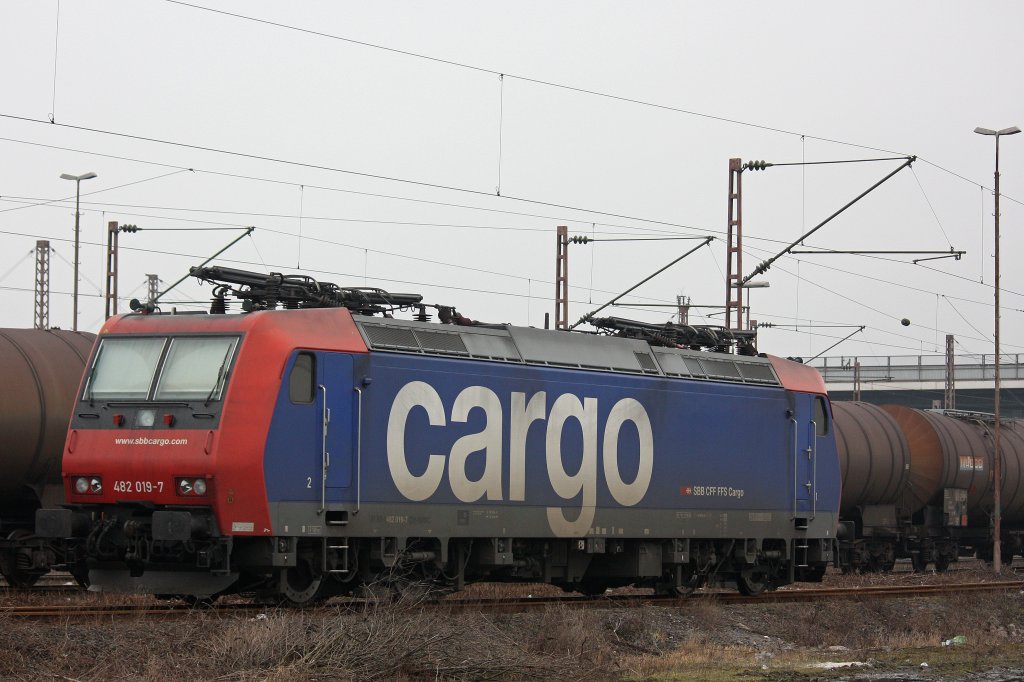 Die SBB Cargo 482 019 war am 10.3.12 abgestellt in Duisburg-Ruhrort Hafen.