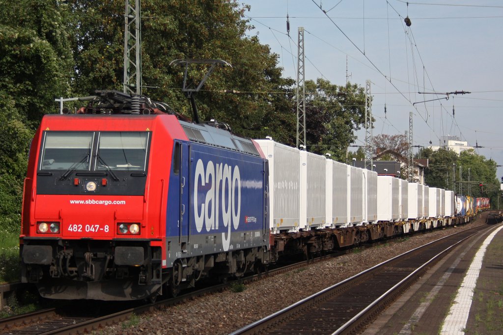Die SBB Cargo 482 047 zieht am 24.8.11 einen Containerwagenzug durch Bonn-Beuel.