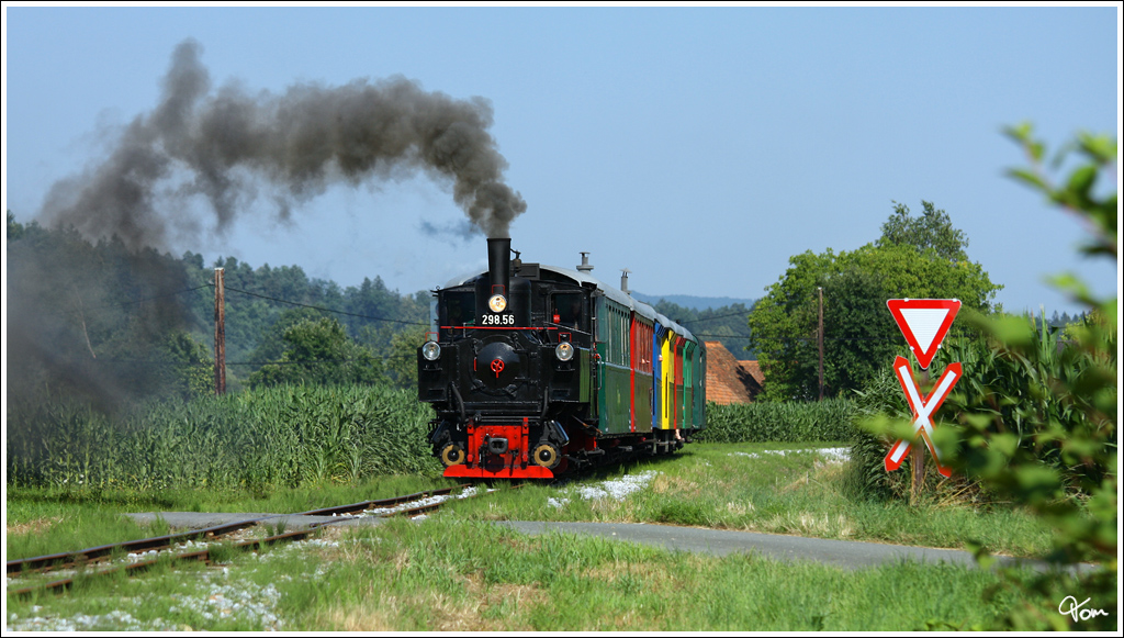 Die Schmalspurdampflok 298.56 fhrt als  Flascherlzug  von Preding nach Stainz.(http://de.wikipedia.org/wiki/Flascherlzug) 
Herbersdorf 9.7.2011
