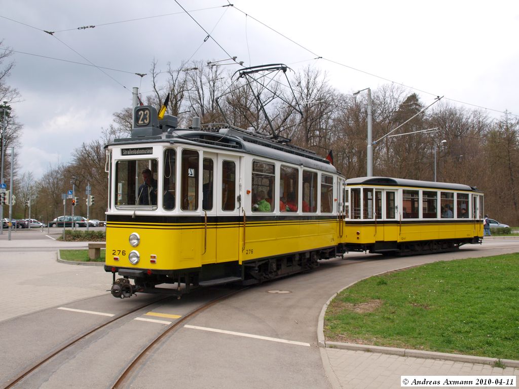 Die Sonntgliche fahrt der Straenbahn Linie 23 heute mit dem Mf. Esslingen TW 276 und Mf. Esslingen BW 1241 von Bad Canstatt (Stuttgarter Straenbahnmuseum) nach Ruhbank und zurck. (11.04.2010)