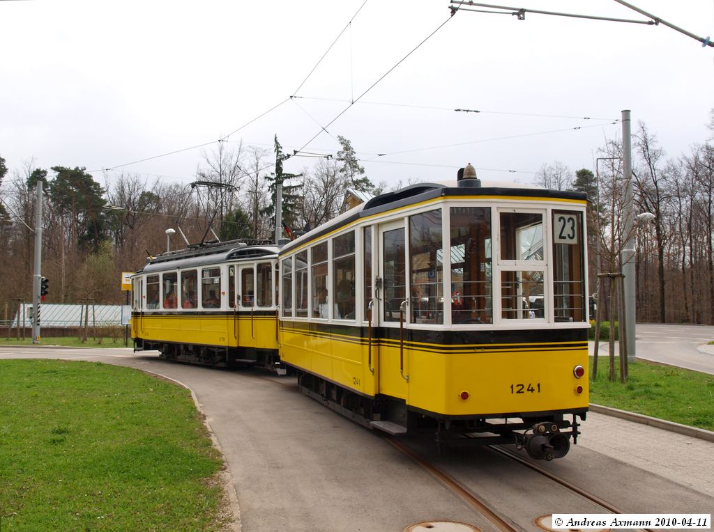 Die Sonntgliche fahrt der Straenbahn Linie 23 heute mit dem Mf. Esslingen TW 276 und Mf. Esslingen BW 1241 von Bad Canstatt (Stuttgarter Straenbahnmuseum) nach Ruhbank und zurck. (11.04.2010)