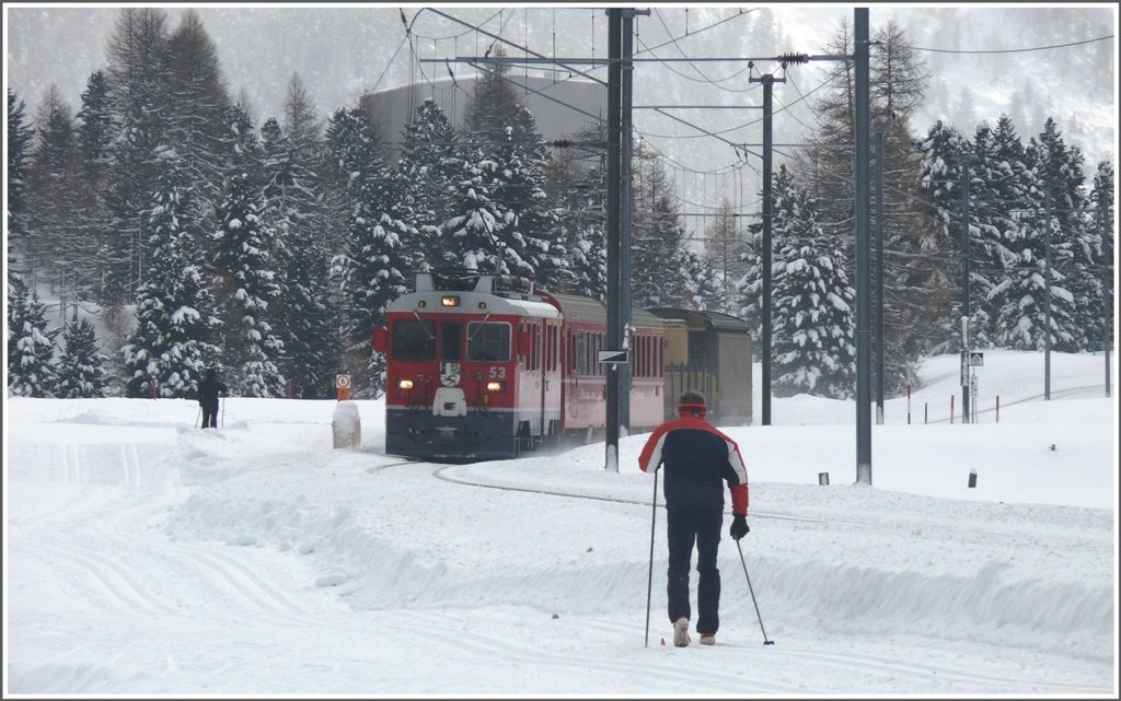 Die  Sportbahn  zwischen Morteratsch und Surovas. R1644 mit ABe 4/4 III 53  Tirano  auf dem Weg nach St.Moritz. (12.01.2010)