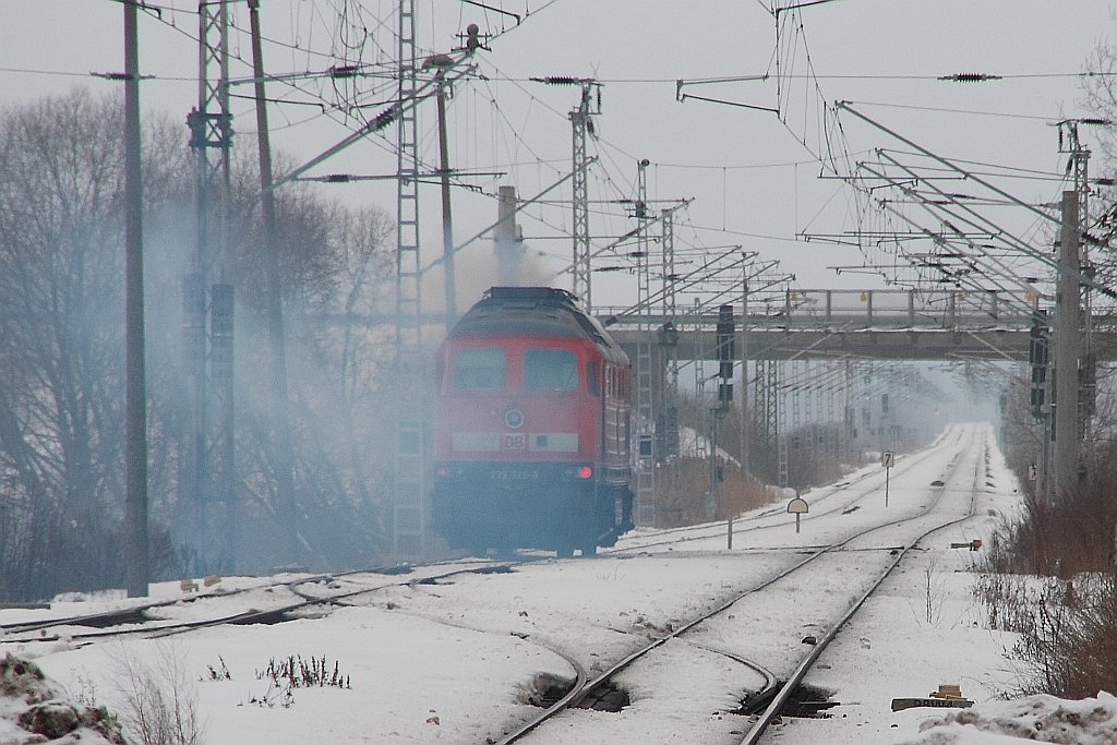 Die stark r�uchernde 233 326 f�hrt am 15.02.2010 im Gegengleis von Passow nach Angerm�nde