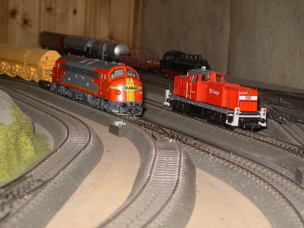 Die STRABAG Nohab mit einem Gterzug und die 290 029 bei Rangierarbeiten. 