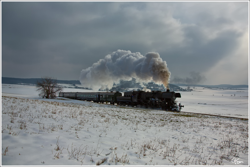 Die Strasshofer Dampflok 52.100, dampft mit dem Majestic Imperator, als Sonderzug 14370 von Korneuburg nach Ernstbrunn, hier beim Bezwingen des Scharreiterbergs nahe Mollmannsdorf. 
17.2.2013