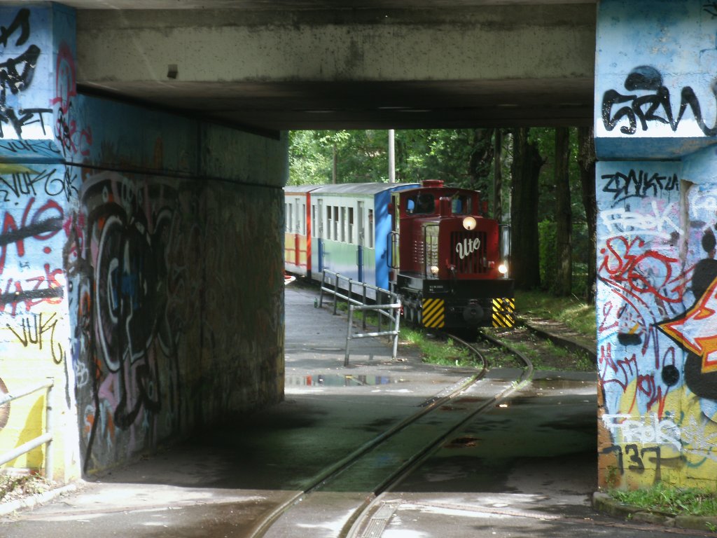 Die  Ute ,von der Berliner Parkeisenbahn,unterquerte,am 14.Juli 2012,die Normalspurstrecke in Berlin Wuhlheide.