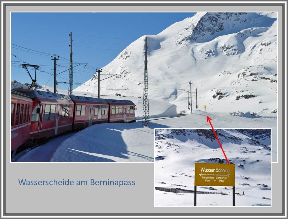 Die Wasserscheide zwischen Adria und Schwarzem Meer am Berninapass. (18.04.2013)