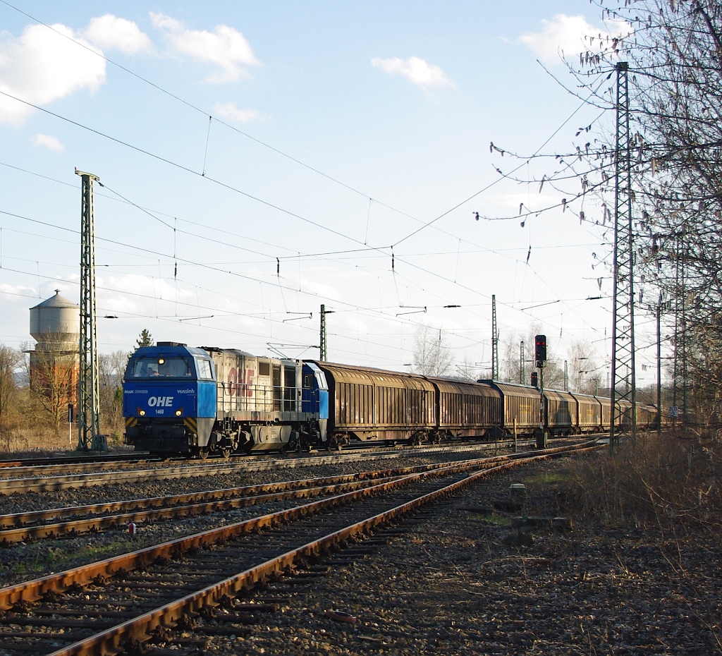 Diese G2000BB der OHE kam am 27.03.2011 mit einem H-Wagen-Ganzzug in Richtung Norden durch Eschwege West.