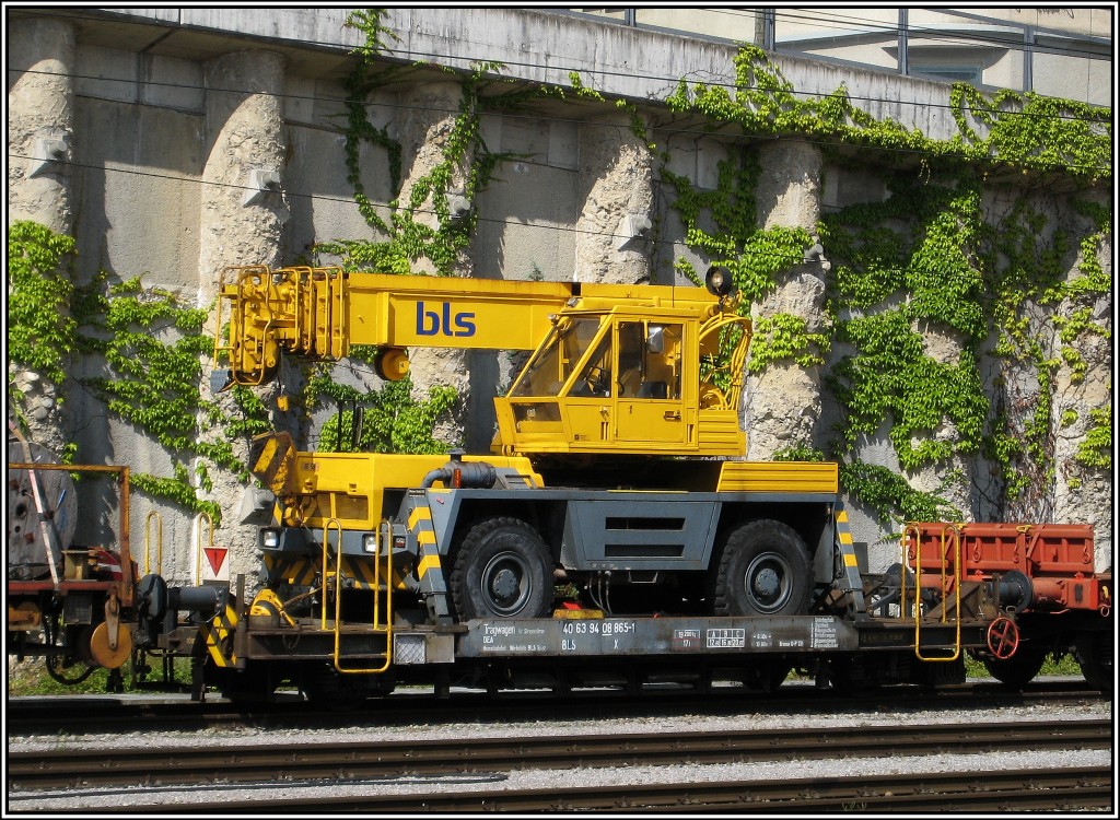 Diese Tragwagen mit Autokran der BLS als Teil eines Bauzuges stand am 18.07.2010 im Bahnhof von Spiez.