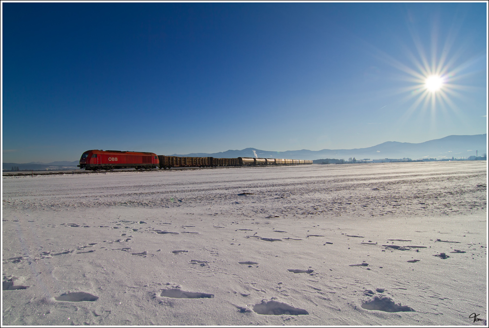 Diesellok 2016 047 fhrt mit dem Gterzug 63510 von Knittelfeld nach Pls zur dort ansssigen Zellstoffabrik. 
Aichdorf 18.1.2012