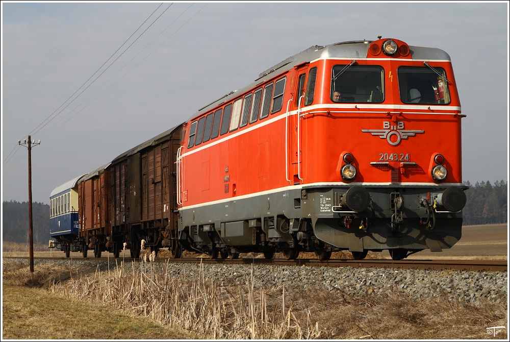 Diesellok 2043.24 fhrt mit einem Gmp als Sdz 95662 auf der Stecke von Friedberg nach Oberwart. 
Riedlingsdorf 26.02.2011