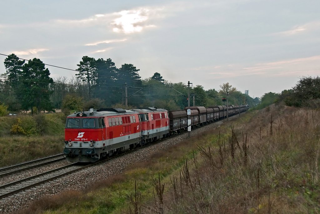 Dieselpower: 2143.073 und 2143.066 bef�rdern einen Ganzzug Richtung Norden. Die Aufnahme entstand am 19.10.2010 zwischen Deutsch Wagram und Helmahof.