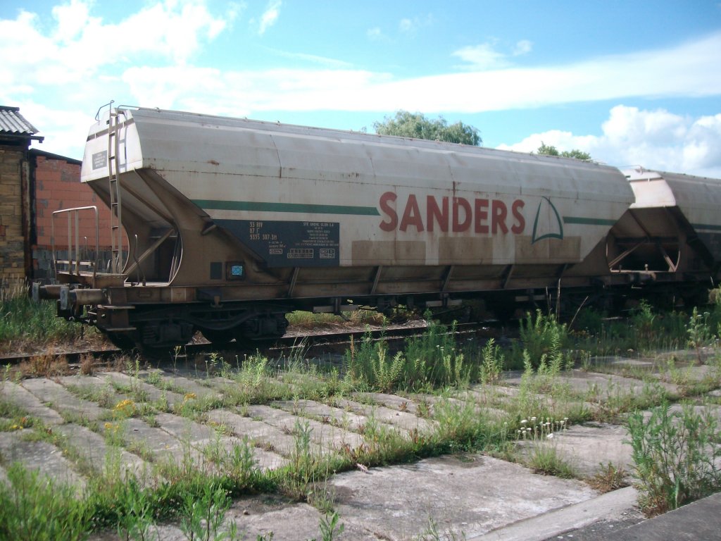 Dieser franzsische Getreidewagen war einer von 22 Wagen,die am 21.6.11 in Bad Langensalza Ost standen. Aufschrift: SANDERS.Wagennummer: 33 87 933 5 307-7.