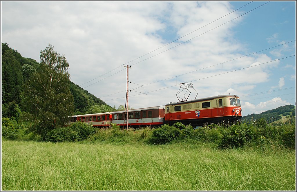 Dieses Bild zeigt die 1099 016 OBER-GRAFENDORF mit dem R 6813/16 von St.Plten nach Mariazell am 24.6.2010 bei der Einfahrt Rabenstein/Pielach.