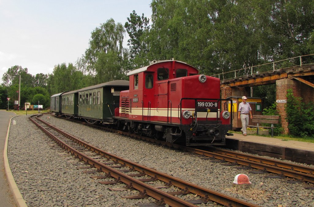 Dllnitzbahn 199 030-8 mit der DBG 107 nach Oschatz Hbf, im Bf Glossen; 09.06.2011