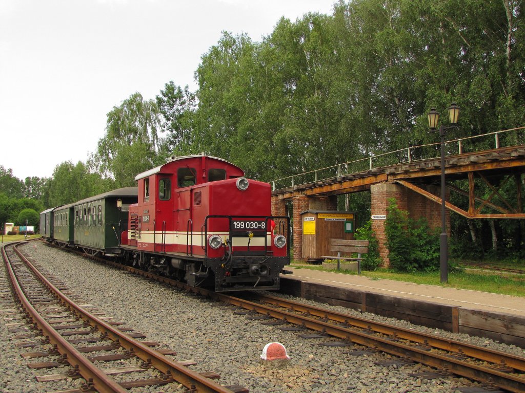 Dllnitzbahn 199 030-8 mit der DBG 107 nach Oschatz Hbf, am 09.06.2011 in Glossen.