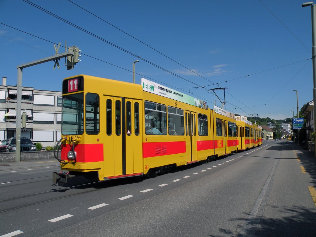 Doppeltraktion Be 4/8 und Be 4/6 auf der Linie 11 bei der Vogesenstrasse in Reinach. Die Aufnahme stammt vom 19.05.2011.