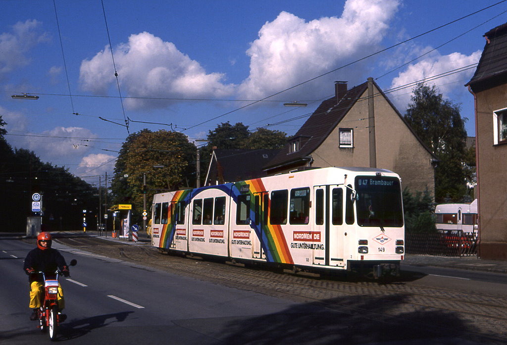 Dortmund Tw 149 an der Hst. Grvingholz, 10.10.1988.