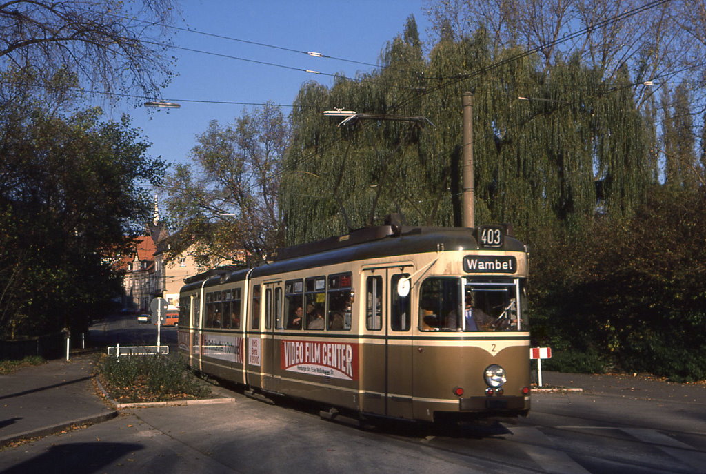 Dortmund Tw 2 zwischen Ortsmitte Dorstfeld und der Rheinischen Strae, 04.11.1988.