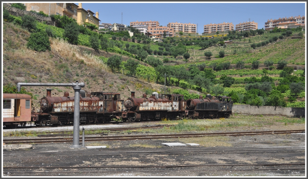 Drei Dampfloks und ein Dieseltriebwagen rosten in Regua vor sich hin. Fotografiert aus dem IR874 nach Porto. (17.05.2011)