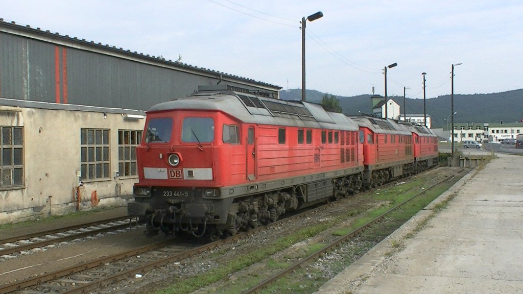 Drei Lokomotiven der BR 233 stehen im Saalfelder Gterbahnhof am 16.08.2011 abgestellt. Diese warten auf einen Kufer oder auf die Verschrottung. 