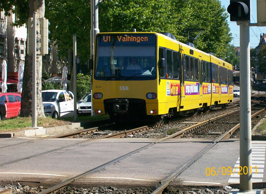 DT 8.S 4113/4114 Kurs: 01-01 U1 Vaihingen am Wilhelmsplatz in Stauttgart-Bad 
Cannstatt am 06.09.2011. (Inhofer - Werbung)