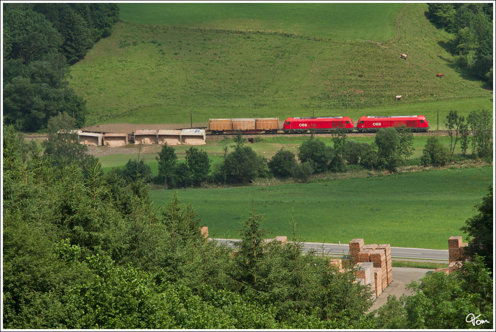 Durch einen Murenabgang entgleiste dieser Innofreight Hackschnitzelzug am 3.7.2012 kurz vor Kathal. Bespannt war der Zug mit den beiden Dieselloks 2016 054 & 052.Zum Gl�ck gab es bei diesem Vorfall keine Verletzten.