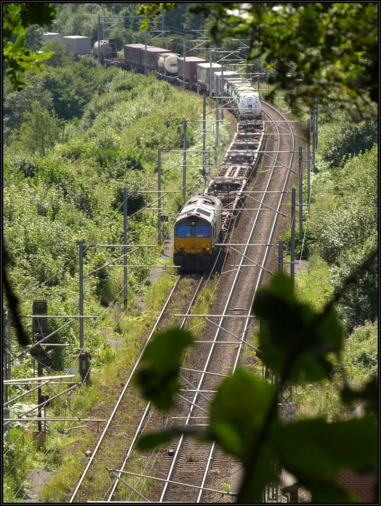Durch die grne Natur geht es gleich hinein in den Gemmenicher Tunnel fr diese
Class 66 mit Gterfracht aus Belgien. Die Montzenroute am Dreilndereck D,B,NL,
bildlich festgehalten im August 2012.