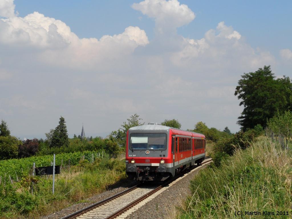 Durch die Weinberge in der Pfalz fhrt die Pflzische Nordbahn (KBS 667), auf der berwiegend noch 628 der zweiten Bauserie zum Einsatz kommen. 628 207 als RB 28540 Frankenthal - Ramsen in Hhe von Freinsheim, 11.07.2011