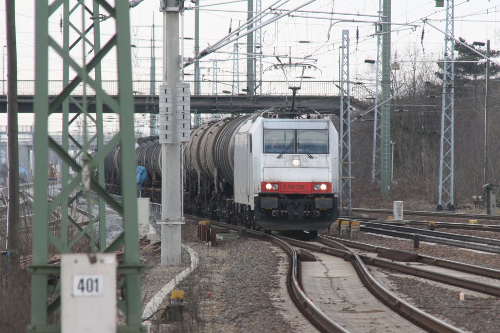 E 186 239 frt mit einen Kesselzug am Haken am 11.03.2011 durch Berlin Schnefeld.
