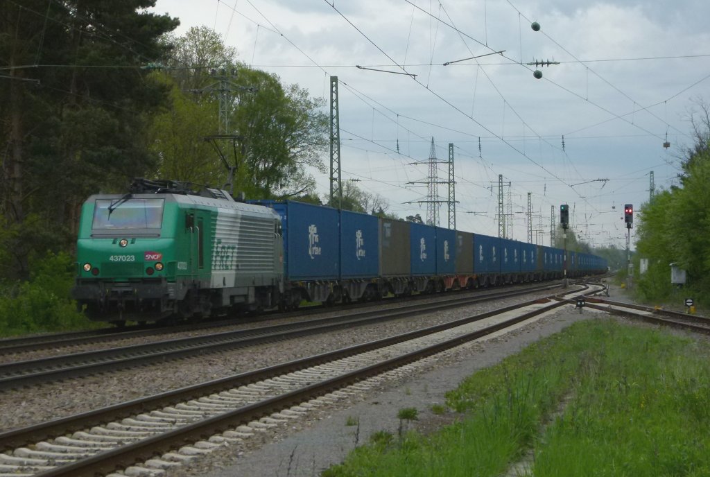 E 37 023 ist mit der blauen Wand am 04.05.2012 in Kindsbach