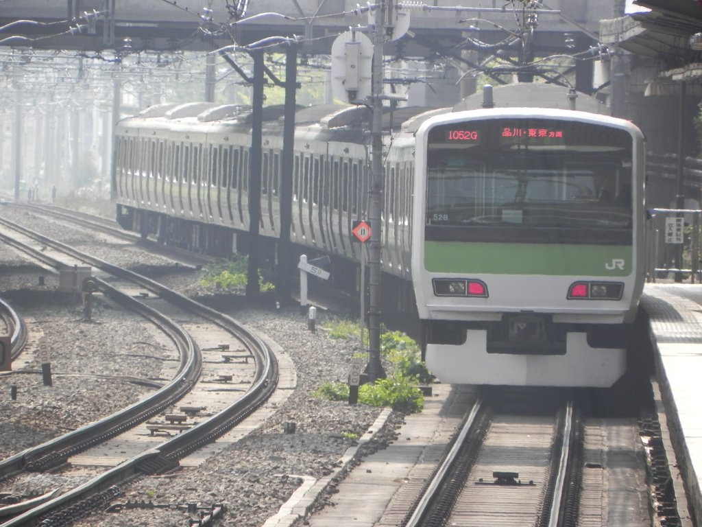 E231-500 Series Zug der JR East auf der Yamanote-Linie bei der Einfahrt in den Bahnhof Harajuku am 12.11.2010. Der Bahnhof ist der Zugang zum Stadtteil zur  Takeshita-dōri , einer bekannten Einkaufsstrasse, in der vor allem Cosplay- aber auch andere Mode-Trends verkauft werden und die als Jungend-Mode-Zentrum Japans gilt. 
