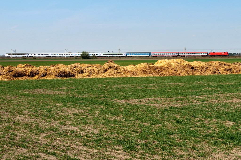 EC 102  Polonia  fhrt durch die lndliche Idylle des Marchfeldes. Die Aufnahme enstand bei Deutsch Wagram, am 04.04.2012.