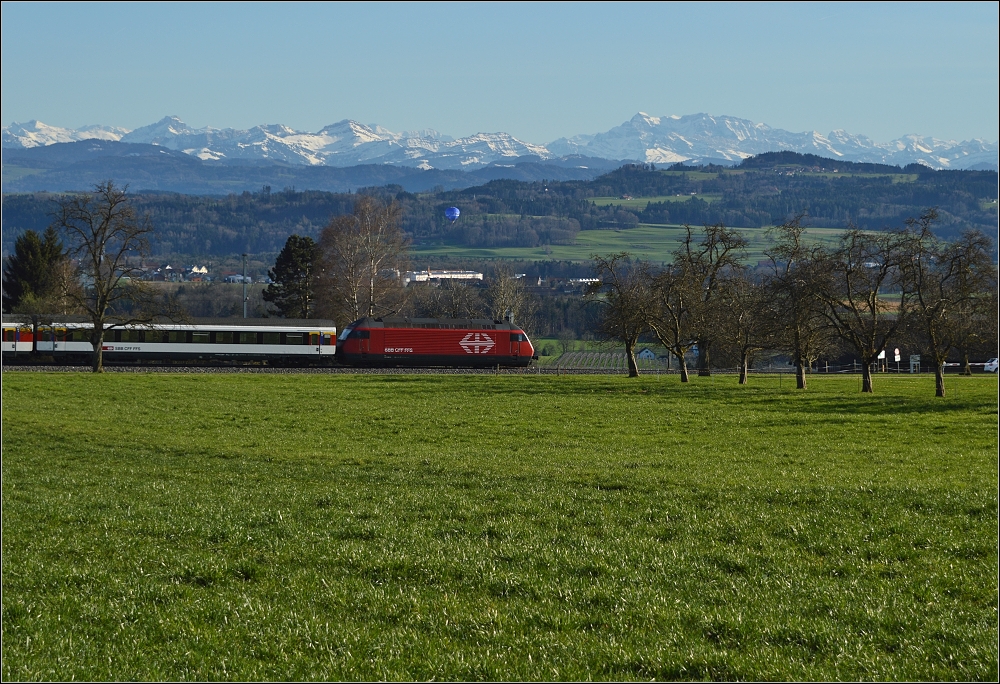 Echter Thurgau, eingesumt von Mostpfel- und Mostbirnbumen und den Glarner Alpen zieht eine Re 4/4 VI (460 088-8) ihren Interregio nach Weinfelden. Rechts im Hintergrund die massive Wand ist der Glrnisch mit vielen Gipfeln knapp ber 2900 Metern, der hchste namenlos. April 2013. 