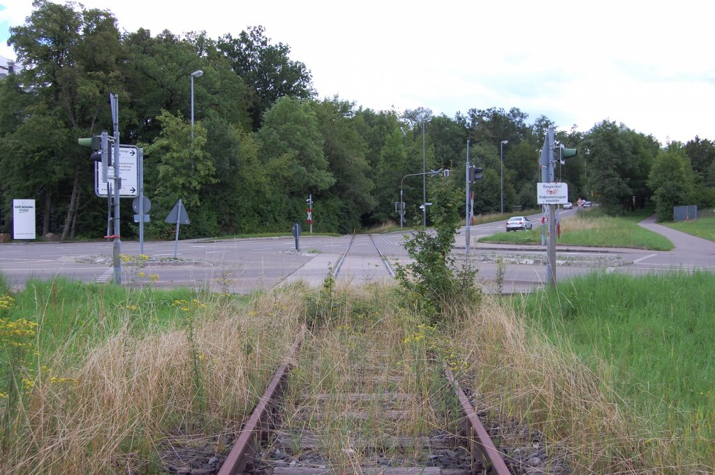 Ehemalige Bahnstrecke Schnaicher First–Schnaich am 12. August 2013. Gleich nachdem Keilbahnhof Schnaicher First am Bahnbergang. 