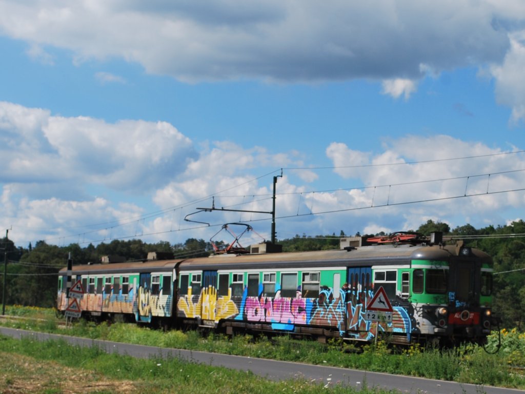 Ehemaliger Triebwagen der SNCB (Baureihe AM 56  BUDD ) fhrt noch zwischen Stia und Arezzo (Linie der LFI). Hier bei Baciano (31.07.2010)
