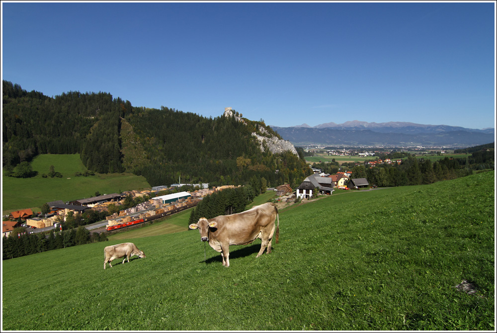 Ein 2016 Tandem fhrt mit Gterzug 55555 von Zeltweg nach Frantschach. 
Eppenstein 30.9.2011