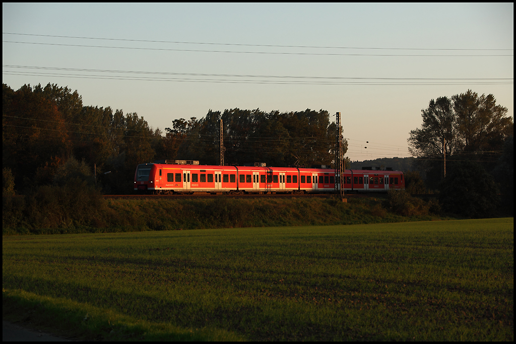 Ein 425er ist als RB42  Haard-Bahn  von Essen Hbf nach Mnster(Westf)Hbf unterwegs und konnte am Abend des 10.10.2010 bei Haltern am See festgehalten werden.