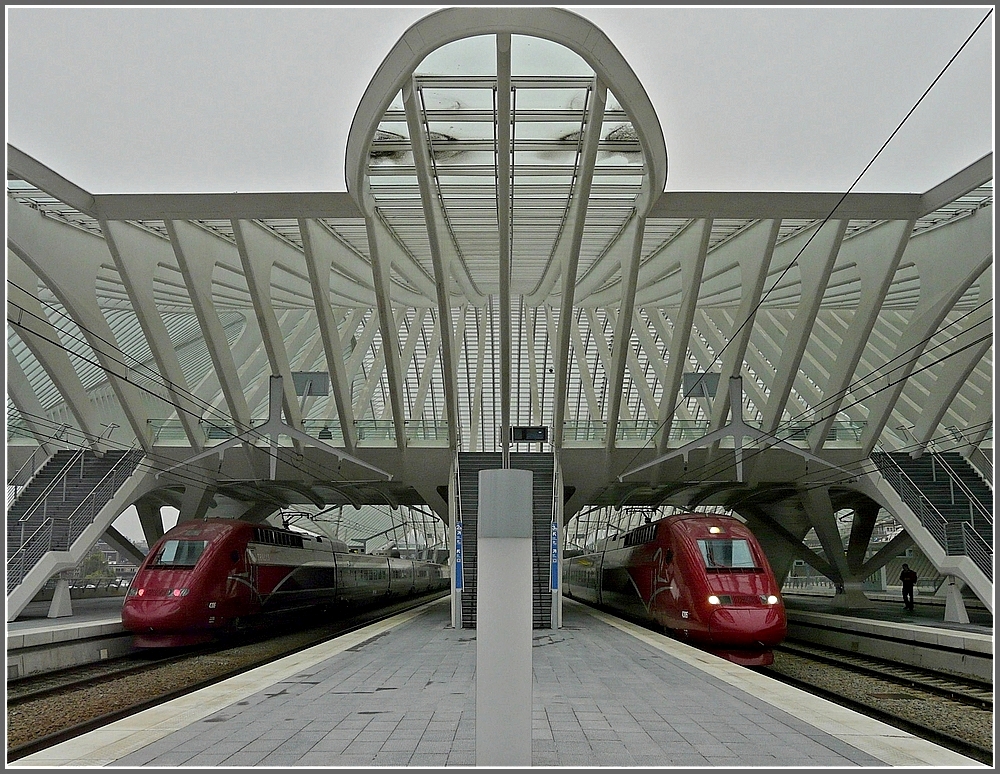 Ein uerst seltener Anblick im Bahnhof Lige Guillemins bot sich am 08.05.10, als die zwei PBKA Thalys Triebzge 4305 und 4306 sich dort begegneten. (Jeanny) 