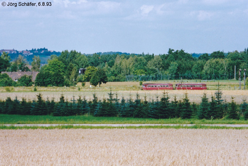 Ein aus Pleinfeld kommender Schienenbus erreicht am 6.8.93 Langlau. Am rechten Bildrand stehen die Ausfahrsignale und links versteckt ist das Empfangsgebude des Bahnhofs hinter Struchern. 