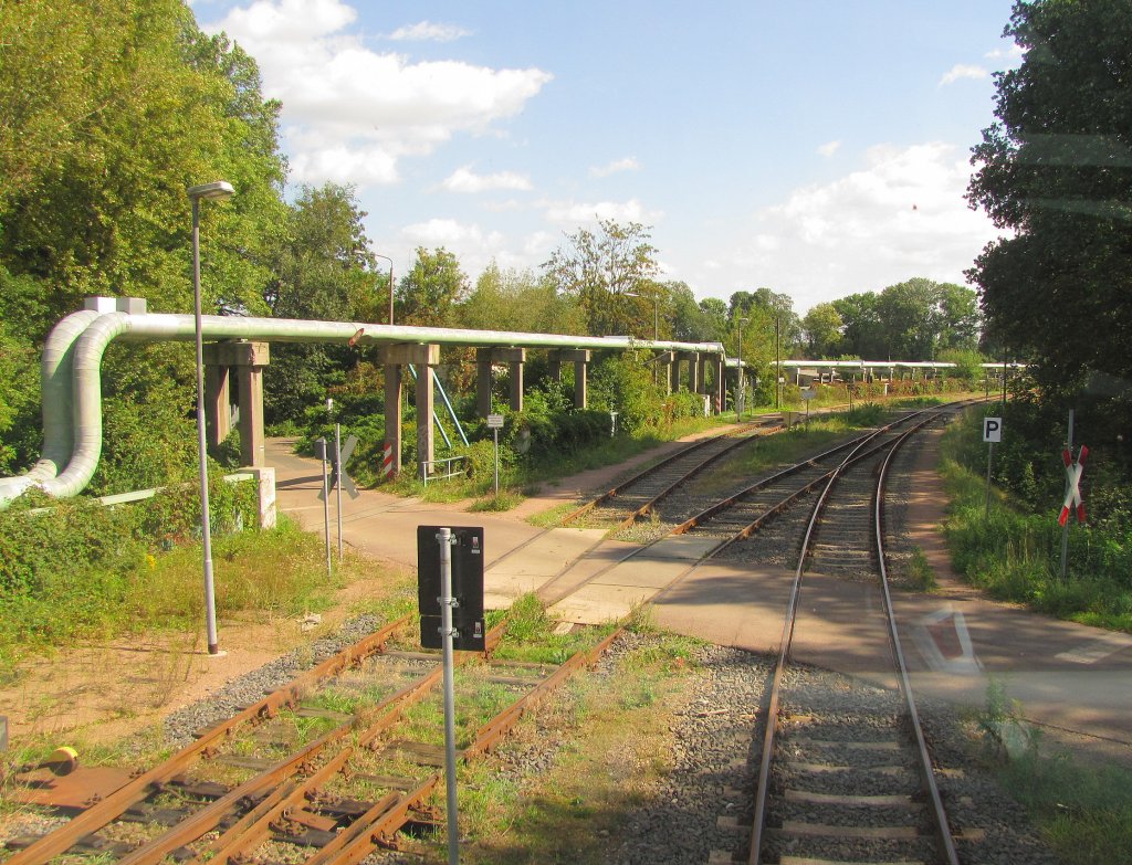 Ein Bahnbergang an der KBS 257 nach Wrlitz neben dem Anschluss zur Fahrzeugtechnik Dessau, aus dem Oberdeck des DVE 670 004 fotografiert; 14.09.2011