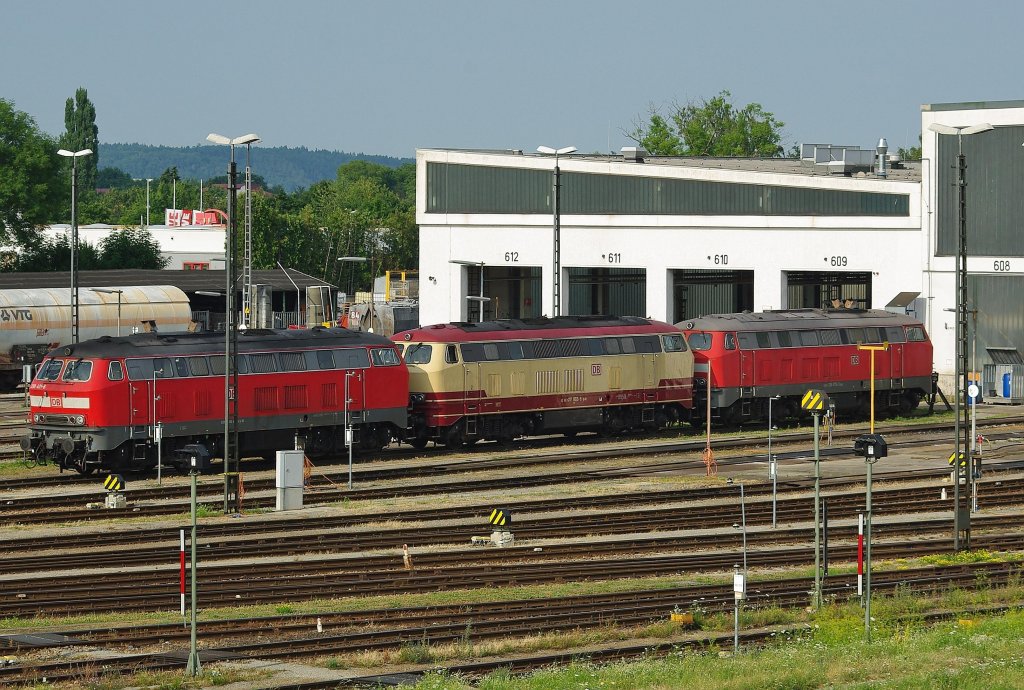 Ein Blick in das BW der Sdostbayernbahn zeigt 217 002-5. Leider abgestellt und eingekeilt von 218 421-6 und 225 079-3. Aufgenommen am 15.07.2010 in Mhldorf.