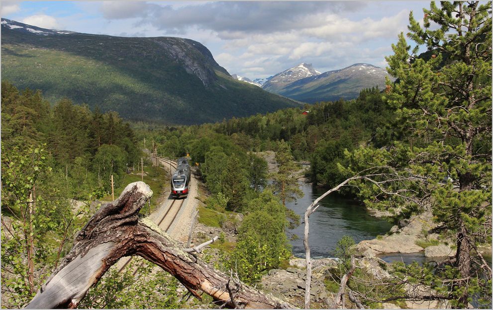 Ein Charakteristikum der norwegischen Raumabahn ist die Streckenfhrung entlang der dort typischen Flusslandschaften - An der Rauma entlang fhrt hier der zweite, als Tandem Talent gefhrte Zug von Andalsnes nach Dombas; aufgenommen kurz vor Bjorli. 4.7.13