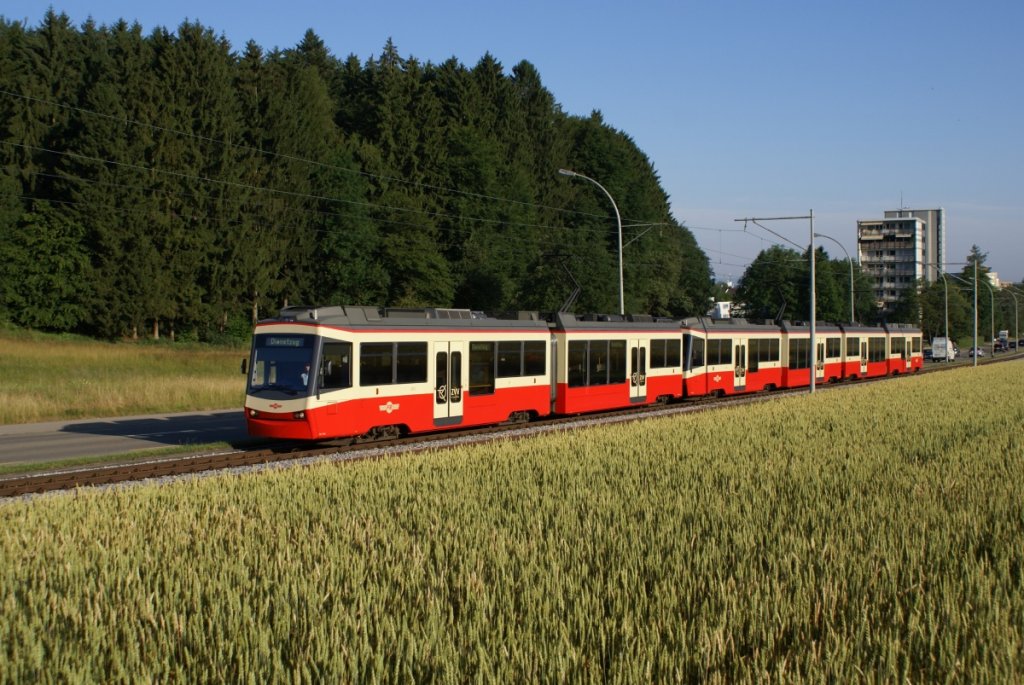 Ein Dienstzug mit dem Be 4/6 66, dem Be 4/6 68 und dem Be 4/6 62 befindet sich am 9.7.10 oberhalb von Zollikerberg. Dieser Zug hatte zuvor einen Eilzug Esslingen-Stadelhofen ohne Halt zwischen Forch und Rehalp gefhrt und fuhr nun zurck nach Forch, um den Regionalzug mit Halt an allen Stationen zu bernehmen, welcher jeweils einem Eilzug folgt.