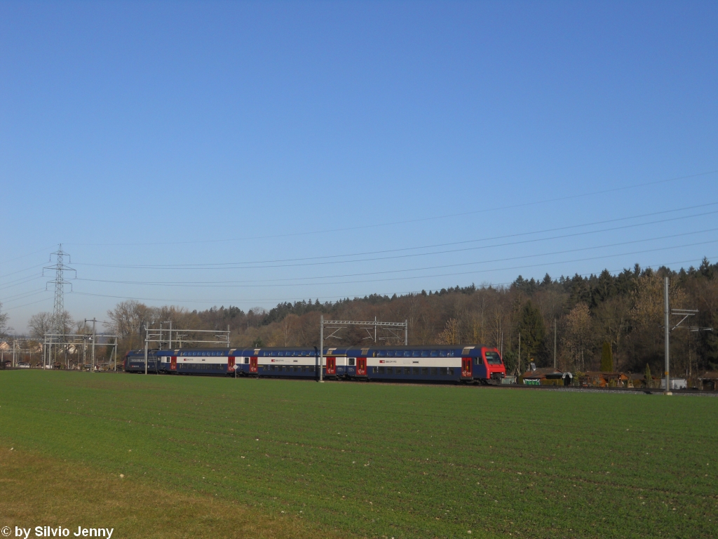 Ein DPZ mit der fhrenden Re 450 052-6 ''Lotstetten'' nhert sich am 16.1.2011 Winterthur als S12 nach Seen.