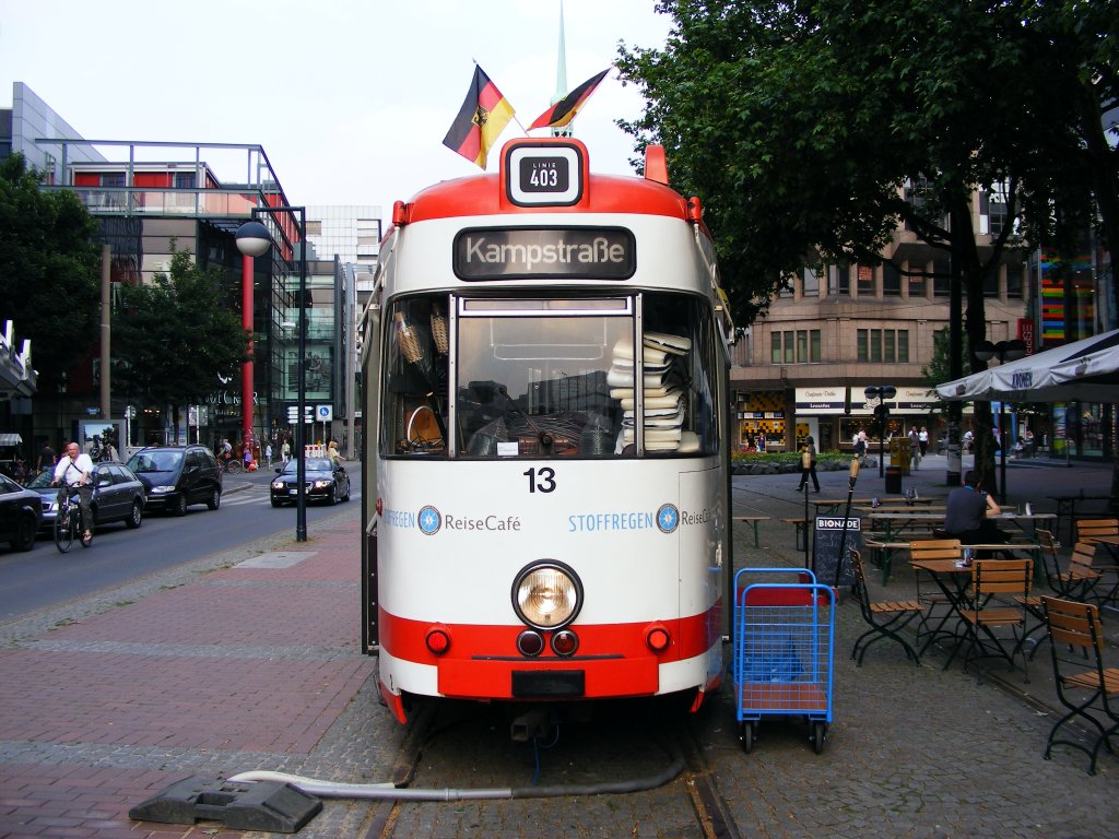 Ein ehemaliger DUEWAG-GT8 der Dortmunder Stadtwerke steht als Teil eines Restaurants im Bereich der aufgegebenen Straenbahnhaltestelle  Kampstrae  in Dortmund - 24. Juni 2010.