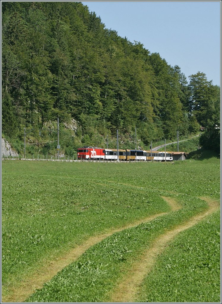 Ein  GoldenPass  Brnig-Zug erreicht die Kreuzungsstation  Kppeli . 
20. August 2012